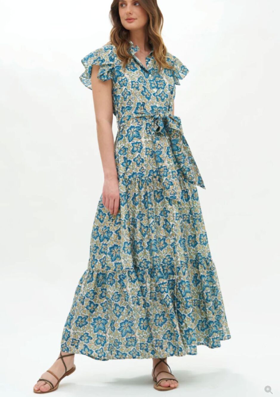 Oliphant Ruffle Collar Button Maxi Dress Size M Ivy Blue/Gold